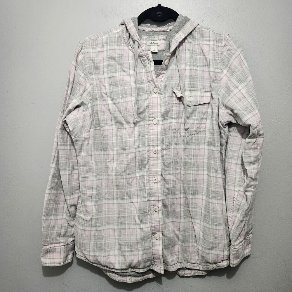 L.L. Bean Women's Light Pink and Gray Plaid Hooded Shirt Shacket Size S